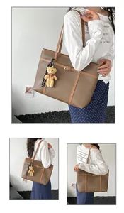 Detailed views of a brown textured leather tote bag with a cute teddy bear charm