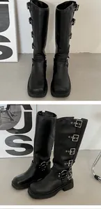 Stylish black knee-high knight boots featuring multiple buckle straps and durable thick soles
