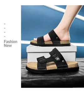 Detailed view of stylish men's black non-slip summer sandals featuring a comfortable woven texture