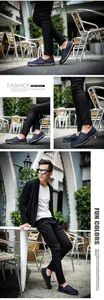 Mehrere Ansichten von marineblauen Herren-Slippern aus Canvas im urbanen Außenbereich