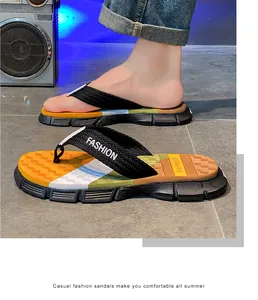Detail view of men's non-slip camouflage flip-flops with comfortable woven straps.