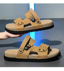 Detailed side view of men's non-slip summer sandals with woven texture footbed
