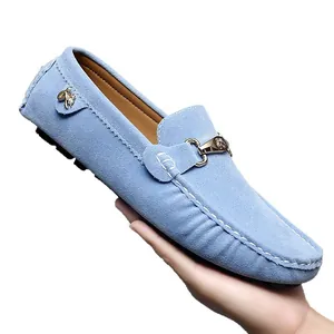 Premium light blue suede men's loafers with metallic buckle for casual and driving wear