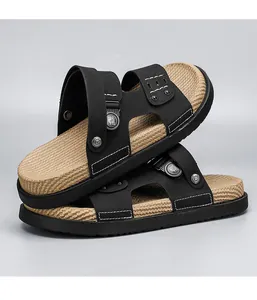Detailed view of durable black men's dual-use sandals with textured anti-slip footbed.