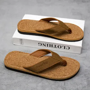 Non-slip men's cork flip-flops with stylish brown fabric straps for summer beach wear