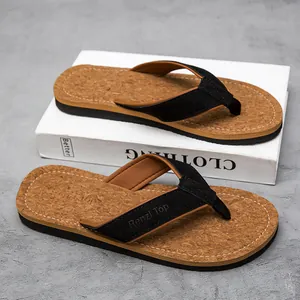 Men's non-slip cork flip-flops with black straps for summer beach outdoor wear