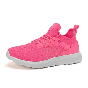 Ultra-light breathable neon pink fly-knit mesh running shoes for daily fitness sports