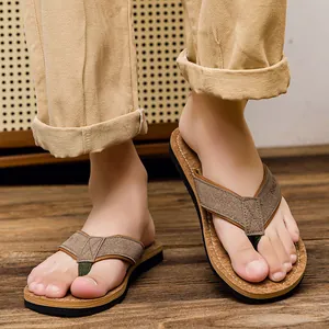 Men's non-slip outdoor flip-flops with cork texture footbed and fabric thong straps