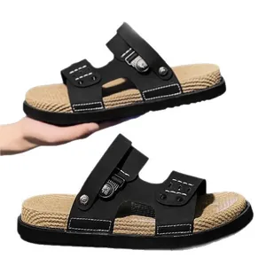 Casual men's black non-slip summer beach sandals with comfortable straw-textured insole