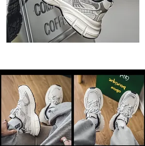 Macro details of men's chunky sneakers with thick soles and breathable mesh fabric.