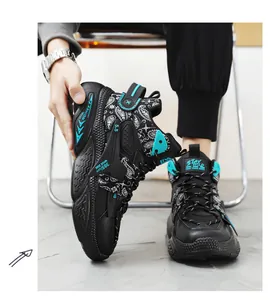 Detailed view of black high-top basketball sneakers with teal accents and bandana print