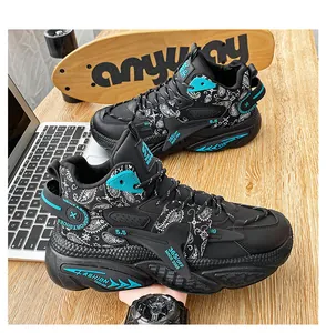 Detailed side view of street style high-top basketball sneakers with black paisley pattern