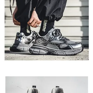 Detailed side view of metallic silver men's chunky sneakers with breathable mesh