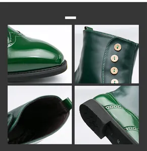 Detailansicht grüner Herrenstiefel im britischen Stil mit Lackleder und Holzknöpfen.