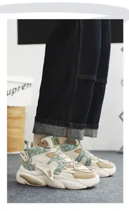 Detailed view of high-top basketball sneakers featuring green paisley pattern and chunky sole