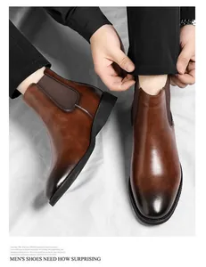 Close-up of brown burnished leather Chelsea boots for men with elastic panels
