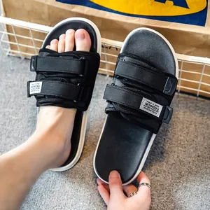 Men's athletic slides with dual adjustable Velcro straps and durable rubber sole