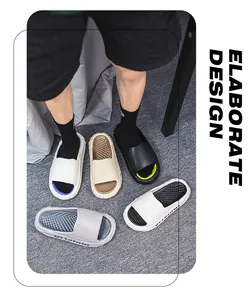Macro view of stylish thick-sole slides in multiple colors for summer comfort use