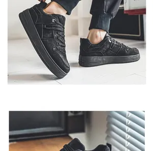 Gedetailleerd zijaanzicht van zwarte suède skateschoenen voor heren met een retro design