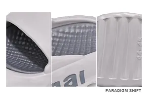 Macro detail views of grey EVA slides showing soft cushion texture and non-slip sole markings.