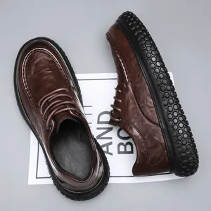 Men's brown leather work shoes with waterproof non-slip thick sole for driving and kitchen.