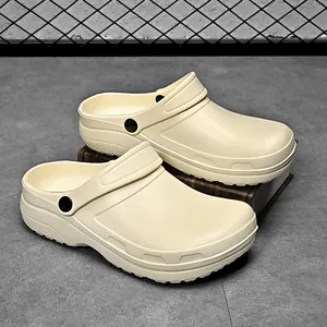 Men's waterproof non-slip garden clogs in cream color for outdoor and medical use.