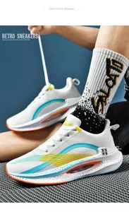 Side view detail of ultra-light carbon plate running shoes with vibrant accents