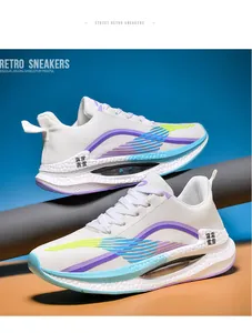 Side view of white carbon plate running shoes with vibrant purple and blue accents