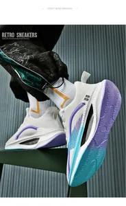 Close-up of lightweight carbon plate running shoes with purple and blue gradient sole