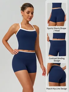Navy blue high-waisted yoga shorts set with contrast piping for fitness and running workout