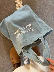 Retro American Style Canvas Tote Bag For Women Large Capacity Letter Embroidered Denim Shoulder Bag For Students School Commute