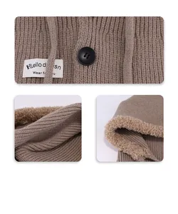 Close-up detail of knitted balaclava with warm fleece lining and elegant button closure
