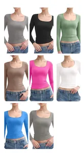 Collection of slim fit U-neck long sleeve crop tops in various vibrant colors