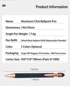 Spécifications techniques et dimensions du stylo à bille rétractable en aluminium 143x10mm