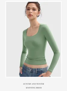 Premium sage green slim fit U-neck long sleeve cropped top for women Y2K fashion style