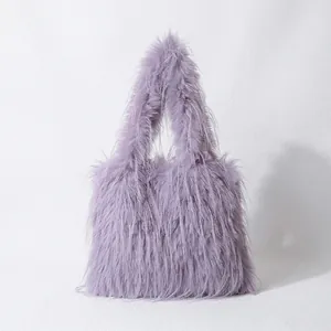 Large capacity purple fluffy faux fur tote bag for women, chic autumn winter handbag