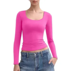 Vibrant hot pink slim fit long sleeve crop top with U-neck for women Y2K style fashion