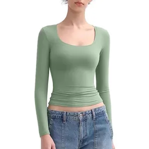 Women's slim fit U-neck long sleeve crop top in sage green, sexy Y2k style solid t-shirt
