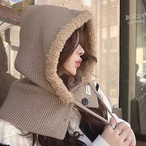 Warm winter knitted balaclava hooded scarf with faux fur trim for women