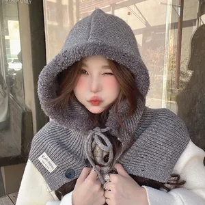Fashionable grey knitted winter balaclava hooded scarf with thick warm fleece lining