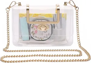 Detailed view of clear transparent crossbody bag with gold chain and internal essentials