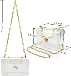 Clear stadium bag dimensions showing 7.3x5.3x2.7 inch with 23 inch gold chain strap