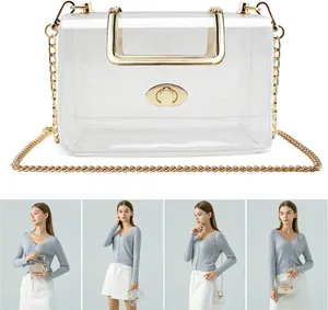 Transparent crossbody bag with gold chain strap shown in various carrying styles