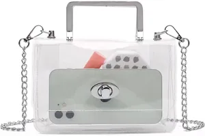 Front view of clear crossbody bag showing internal storage for phone and lipstick
