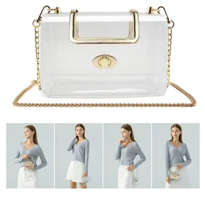 Elegant clear transparent PVC crossbody bag with golden handle and detachable chain strap