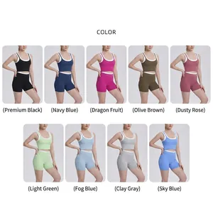 Ribbed yoga sets in nine colors including black, blue, and green with contrast edges.