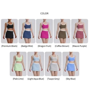 A grid display of contrasting color yoga sets available in nine vibrant shades for fitness.