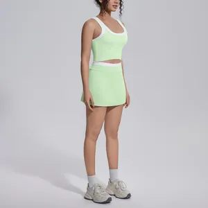Detailed side view of light green contrast yoga set with high waist skirt for fitness