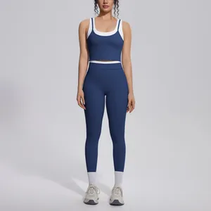 Elegant two-piece blue and white high-waisted yoga set for fitness and outdoor sports