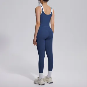 Detailed back view of a blue and white contrast high-waisted yoga set for sports and fitness